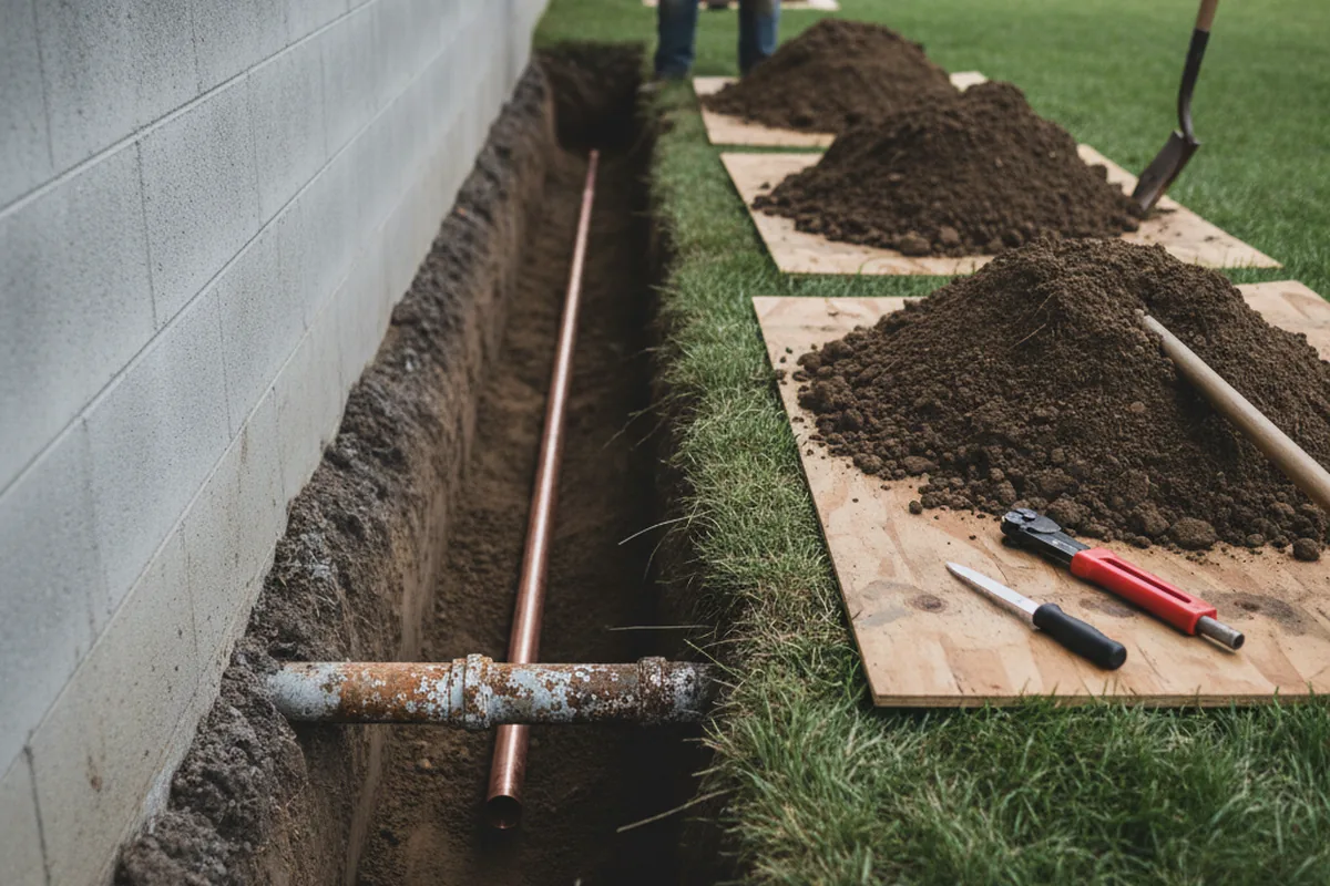 Excavated water line trench during Sewer Line Repair in Emeryville